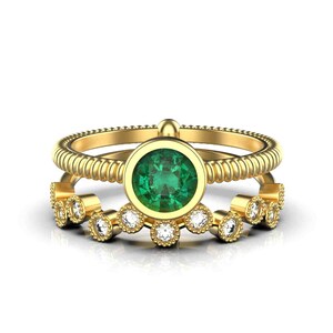 14k Gold Natural May Birthstone Engagement Ring / Wedding Band Diamond And Emerald Ring For Women
