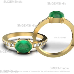 Cabochon Emerald and Diamond 14k Solid Gold Engagement Ring