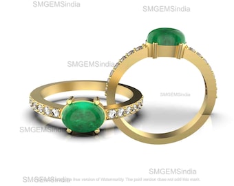 Cabochon Emerald and Diamond 14k Solid Gold Engagement Ring