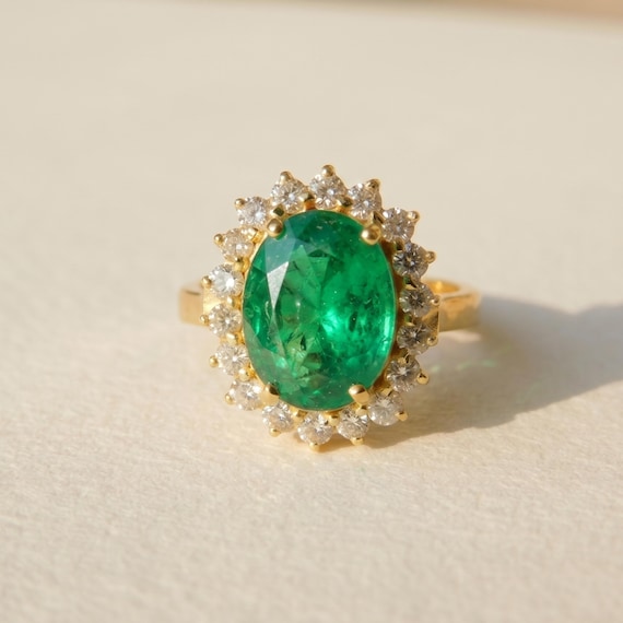 Natural Emerald Ring, 2.20 Carat Oval, Diamond halo, 14k Gold May Birthstone Anniversary Gift Ring