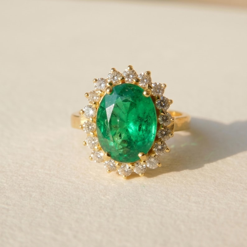 Natural Emerald Ring, 2.20 Carat Oval, Diamond halo, 14k Gold May Birthstone Anniversary Gift Ring