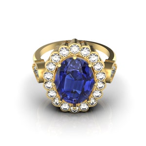 Lab Grown Blue Sapphire And Diamond Engagement Ring In 14k Solid Gold / Women Gift Blue Sapphire Ring