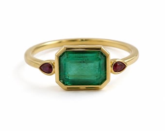 Emerald Cut Emerald Ruby Ring, 14k Gold May Birthstone Jewelry, Pear Cut Detail for Women
