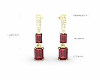 14k Gold Ruby Diamond Dangle Earrings: Emerald Cut Red Gemstone