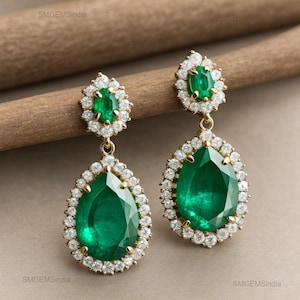 Zambian Emerald Diamond Dangle Earrings: 18K Gold Teardrop Earrings