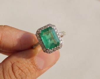 Natural Emerald Engagement Ring 5 Carat, Emerald Ring Gold Halo, Genuine Emerald Cut Ring, Vintage Emerald Ring, Engagement Ring