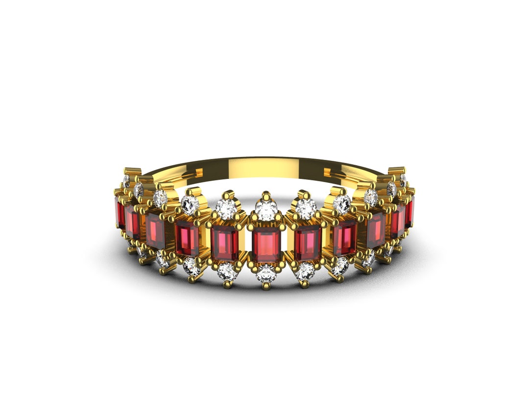 Ruby Baguette and Diamond Anniversary Ring / 14k Gold Half Eternity ...
