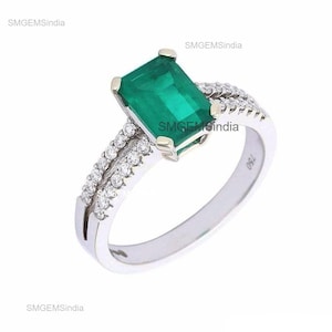 Emerald Cut Emerald Ring: 14k Gold Diamond Accent, May Birthstone