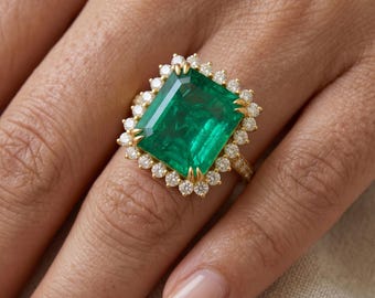 Zambian Emerald and Diamond 14k Gold Engagement Ring - Emerald Cut May Birthstone Ring