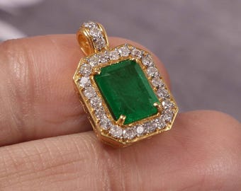 Emerald Pendant 18k Gold, Natural Emerald, Diamond Halo Anniversary wedding gift pendant