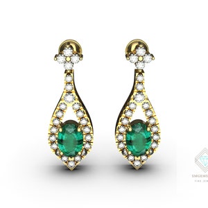 2 Carats Oval Emerald And Diamond Earrings For Women And Girls  / 14k Gold Emerald Earrings / Valentine&#39;s Day Gift