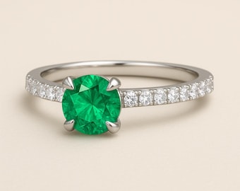 Art Deco 14k Gold Natural Emerald Engagement Ring: Round Zambian Gemstone