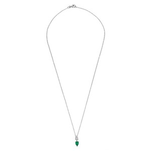 May include: A delicate silver necklace featuring a pear-shaped, emerald-green gemstone pendant accented with a small, round, clear gemstone. The pendant hangs from a fine silver chain, creating a simple yet elegant design.