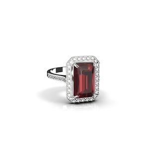 Halo Ruby Ring Red Emerald Cut Ruby Ring In 14k Solid Gold , Ruby Engagement Ring/ christmas gift