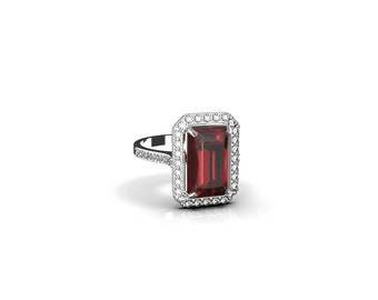 Anillo de rubí con halo, anillo de rubí rojo con corte esmeralda en oro macizo de 14 k, anillo de compromiso con rubí/regalo de Navidad