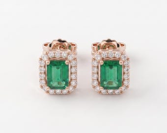 Natural Zambian Emerald and Diamonds Earrings for Womens in 14k Solid Gold / Earrings for Womens / Emerald Earrings/ christmas gift