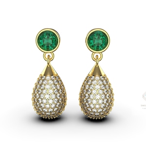 Round Emerald And Diamond Earrings In 14k Gold / Natural Emerald Earrings / Emerald Earrings