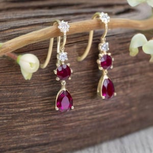 Natural Ruby And Diamond Dangle Drop Women Gift Earrings / 14k Solid Gold Women Gift Earrings / July Birthstone Women Earrings
