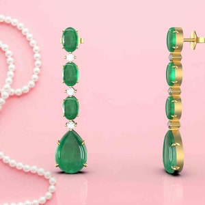 Emerald and Diamond Dangle Earrings: 18k Gold Drop Earrings
