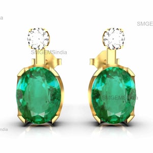 Oval Shape Natural Genuine Emerald And Diamond Stud Earrings In 14k Solid Gold / Women Gift Earrings In 14k Solid Gold / Christmas Gift