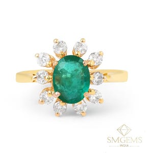Oval Zambian Emerald and Diamond Ring - 18k Solid Gold Engagement Ring