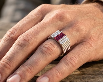 Men's Ruby Baguette Ring, Alternative Wedding Band for Groom, 1.80 Carats in 14k Gold