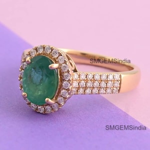 Anillo de compromiso con diamante y esmeralda genuinos certificados de 2,30 quilates / Anillo de oro macizo de 18 k para mujer con piedra natal de mayo / Anillo de regalo de aniversario
