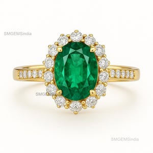 Emerald and Diamond Ring: 14k Solid Gold Vintage Style Engagement Ring