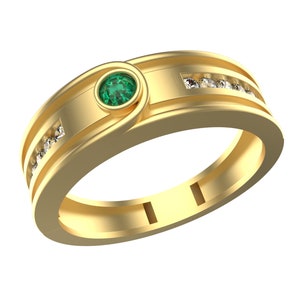 Natural Mini Round Emerald And Diamond Ring / 14k Gold May Birthstone Ring / Men's Emerald Ring