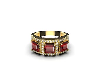 14k Gold Rubin und Diamant Verlobungsring für Frauen und Mädchen / Drei-Stein Rubin Ring / Weihnachtsgeschenk Ring / Weihnachtsgeschenk