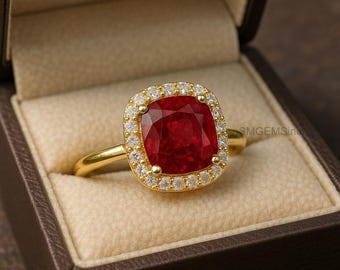 Ruby Engagement Ring, 18k Gold, Cushion Halo, July Birthstone