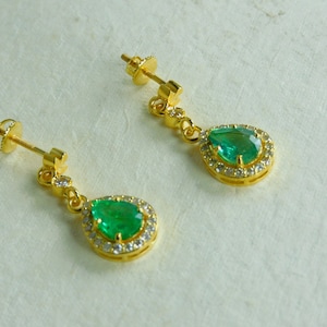 Natural Zambian Emerald Dangle Drop Pear Shape Earrings In 14k Solid Gold / Women gift Earrings / Daily Wear May Birthstone Earring