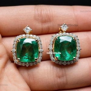 Cushion Emerald and Diamond Earrings: 14k Gold May Birthstone