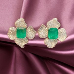 Natural Emerald And Diamond May Birthstone Earrings / 14k Solid Gold Women Gift Earrings / Anniversary Wedding Gift Ring