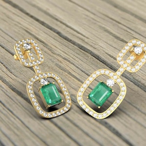 Emerald Cut Zambian Emerald and Diamond 18k Gold Dangle Earrings