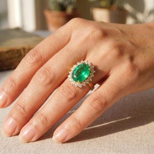 Natural Emerald Ring, 2.20 Carat Oval, Diamond halo, 14k Gold May Birthstone Anniversary Gift Ring