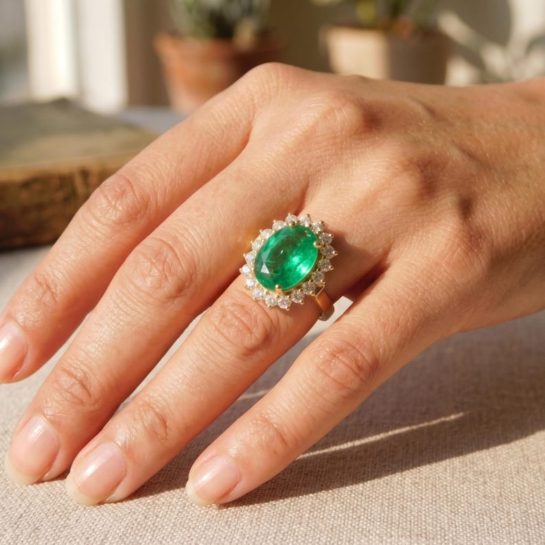 Natural Emerald Ring, 2.20 Carat Oval, Diamond halo, 14k Gold May Birthstone Anniversary Gift Ring