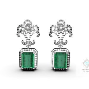 Genuine Emerald Cut Dangle Earrings / 14k Solid Gold Emerald And Diamond Earrings For Women And Girls