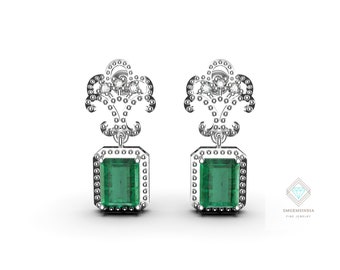 14k Solid Gold Emerald Cut Dangle Earrings: Zambian Emerald & Diamond