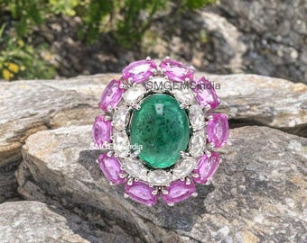 Emerald Diamond Pink Sapphire Ring, 2.50 Carats Cabochon, 18k Gold May Birthstone