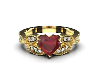 14K Gold Heart Ruby And Diamond Engagement Ring / Best Anniversary Gift Ring / Christmas Gift Ring