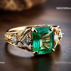 Holiday Gift Natural Zambian Emerald And Diamond Ring / Valentine Gift Ring / Women Anniversary Birthday Present Ring