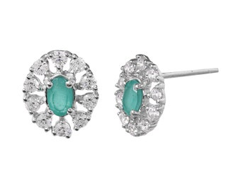 Orecchini a bottone con smeraldo: pietra preziosa ovale in argento sterling 925, alone di diamante americano - Italia
