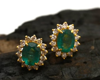14k Gold Natural Emerald And Diamond Stud Earrings For Women / Oval Emerald Earrings For Anniversary Gift / Emerald Earrings