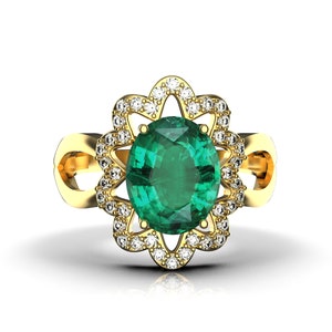 3.30 Carats Real Emerald And Diamond Ring In 14k Solid Gold / Oval May Birthstone Engagement Ring / Christmas Gift Ring