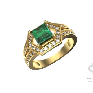 1.20 Carats Natural Square Emerald And Diamond Ring In Gold For Women And Girls
