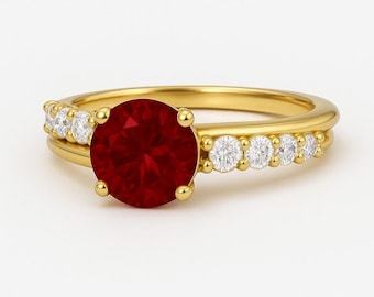 Round Ruby And Diamond Engagement Ring For Womens and Girls in 18k Solid Gold / July Birthstone Anniversary Gift Ring/ christmas gift