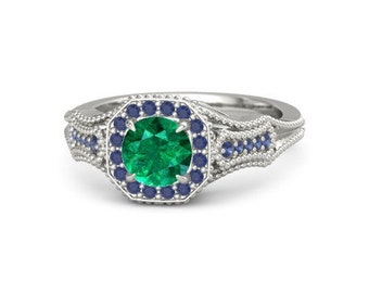 Natural Emerald And Sapphire Vintage Ring in 18k Solid Gold / Victorian Style Engagement Ring For Womens and Girls./ christmas gift