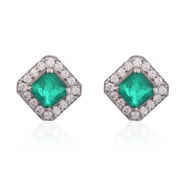 Octagon Emerald And Diamond Stud Earrings / 14k White Gold Natural Emerald Earrings / Womans Emerald Earrings / Christmas Sale