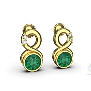 Round Emerald And Diamond Earrings In 14k Gold / Valentine&#39;s Day Gift Earrings